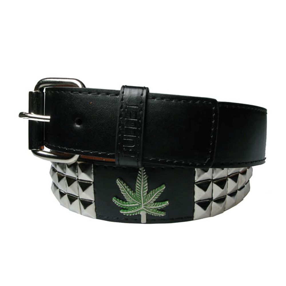 Bullet 69 - 3 row silver pyramid & marijuana leaf Belt - Black